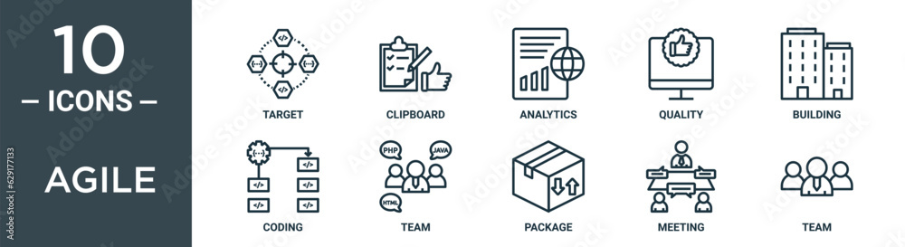 agile outline icon set includes thin line target, clipboard, analytics, quality, building, coding, team icons for report, presentation, diagram, web design agile outline icon set includes thin line target, clipboard, analytics, quality, building, coding, team icons for report, presentation, diagram, web design