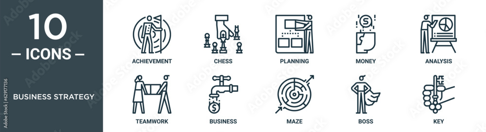 business strategy outline icon set includes thin line achievement, chess, planning, money, analysis, teamwork, business icons for report, presentation, diagram, web design business strategy outline icon set includes thin line achievement, chess, planning, money, analysis, teamwork, business icons for report, presentation, diagram, web design