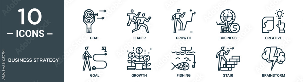 business strategy outline icon set includes thin line goal, leader, growth, business, creative, goal, growth icons for report, presentation, diagram, web design business strategy outline icon set includes thin line goal, leader, growth, business, creative, goal, growth icons for report, presentation, diagram, web design