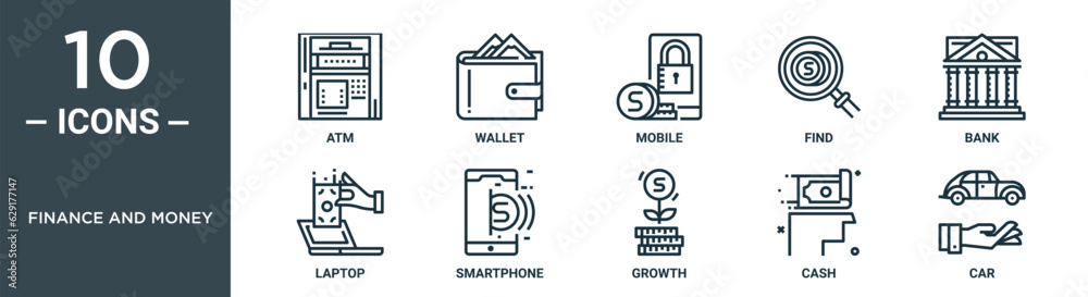 finance and money outline icon set includes thin line atm, wallet, mobile, find, bank, laptop, smartphone icons for report, presentation, diagram, web design finance and money outline icon set includes thin line atm, wallet, mobile, find, bank, laptop, smartphone icons for report, presentation, diagram, web design