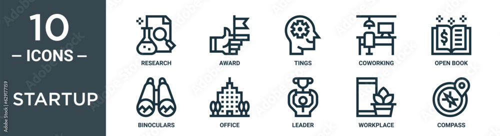 startup outline icon set includes thin line research, award, tings, coworking, open book, binoculars, office icons for report, presentation, diagram, web design