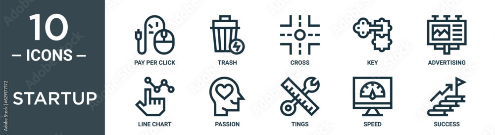 startup outline icon set includes thin line pay per click, trash, cross, key, advertising, line chart, passion icons for report, presentation, diagram, web design startup outline icon set includes thin line pay per click, trash, cross, key, advertising, line chart, passion icons for report, presentation, diagram, web design