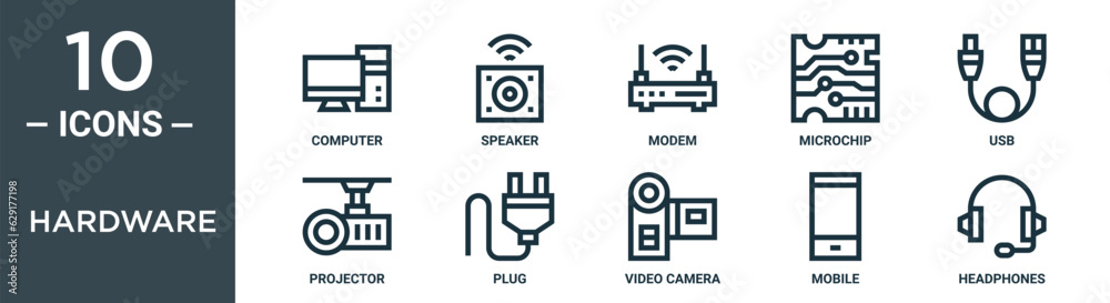 Obraz premium hardware outline icon set includes thin line computer, speaker, modem, microchip, usb, projector, plug icons for report, presentation, diagram, web design