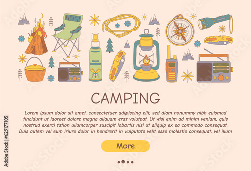 Promotional flyer for camping, travel, hiking, picnic. Vector illustration for poster, banner, cover, advertisement, web page.