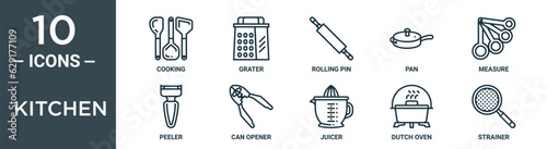 kitchen outline icon set includes thin line cooking, grater, rolling pin, pan, measure, peeler, can opener icons for report, presentation, diagram, web design