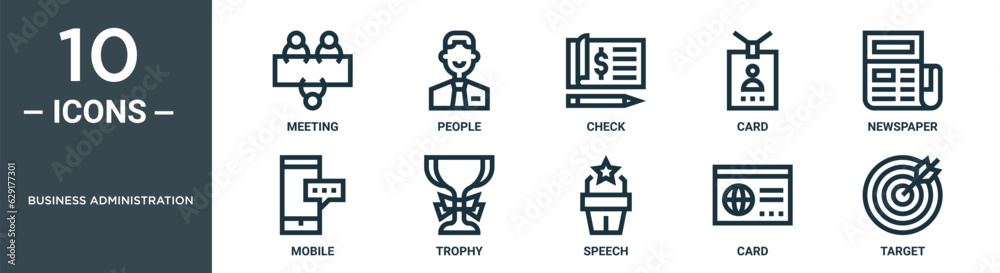 business administration outline icon set includes thin line meeting, people, check, card, newspaper, mobile, trophy icons for report, presentation, diagram, web design business administration outline icon set includes thin line meeting, people, check, card, newspaper, mobile, trophy icons for report, presentation, diagram, web design