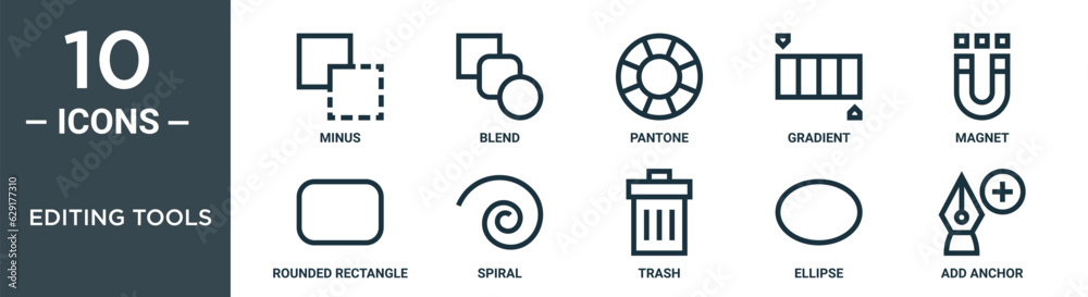 editing tools outline icon set includes thin line minus, blend, pantone, gradient, magnet, rounded rectangle, spiral icons for report, presentation, diagram, web design editing tools outline icon set includes thin line minus, blend, pantone, gradient, magnet, rounded rectangle, spiral icons for report, presentation, diagram, web design