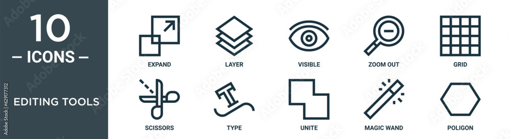 editing tools outline icon set includes thin line expand, layer, visible, zoom out, grid, scissors, type icons for report, presentation, diagram, web design editing tools outline icon set includes thin line expand, layer, visible, zoom out, grid, scissors, type icons for report, presentation, diagram, web design
