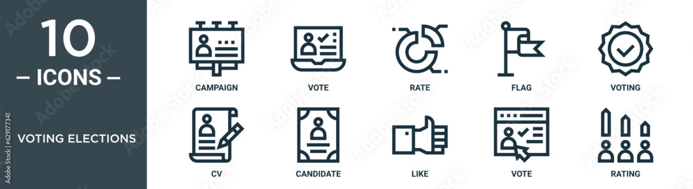 voting elections outline icon set includes thin line campaign, vote, rate, flag, voting, cv, candidate icons for report, presentation, diagram, web design voting elections outline icon set includes thin line campaign, vote, rate, flag, voting, cv, candidate icons for report, presentation, diagram, web design