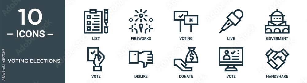voting elections outline icon set includes thin line list, fireworks, voting, live, goverment, vote, dislike icons for report, presentation, diagram, web design voting elections outline icon set includes thin line list, fireworks, voting, live, goverment, vote, dislike icons for report, presentation, diagram, web design