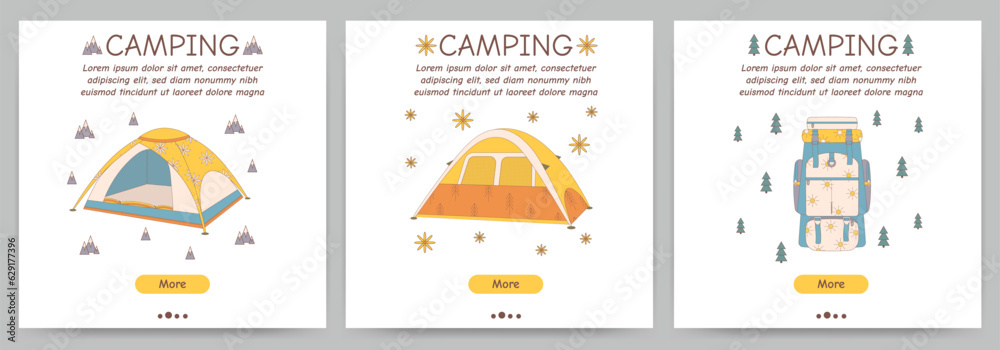 Set of promotional flyers for camping, travel, hiking, picnic. Vector illustration for poster, banner, cover, advertisement, web page.