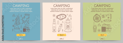 Set of promotional flyers for camping, travel, hiking, picnic. Vector illustration for poster, banner, cover, advertisement, web page.