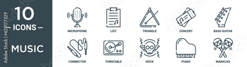 music outline icon set includes thin line microphone, list, triangle, concert, bass guitar, connector, turntable icons for report, presentation, diagram, web design