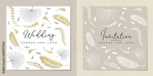 2 cartes d’invitation pour un mariage, élégante, graphique sur le thème de la nature, composé de feuilles tropicales, couleur beige, or et blanc.