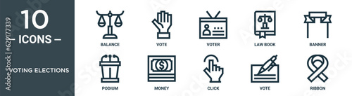 voting elections outline icon set includes thin line balance, vote, voter, law book, banner, podium, money icons for report, presentation, diagram, web design