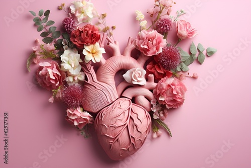 abstract image of a pink human heart with flowers on a pastel pink background. copy space. generative AI