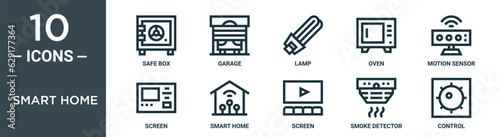 smart home outline icon set includes thin line safe box, garage, lamp, oven, motion sensor, screen, smart home icons for report, presentation, diagram, web design