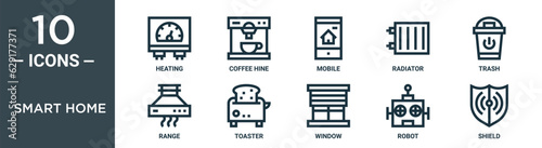 smart home outline icon set includes thin line heating, coffee hine, mobile, radiator, trash, range, toaster icons for report, presentation, diagram, web design