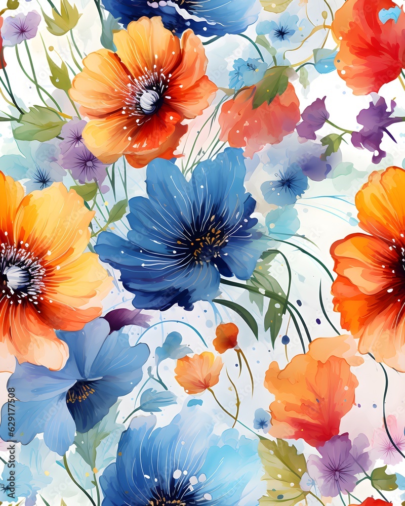 Watercolor hand drawn seamless pattern of flowers created with Generative AI technology