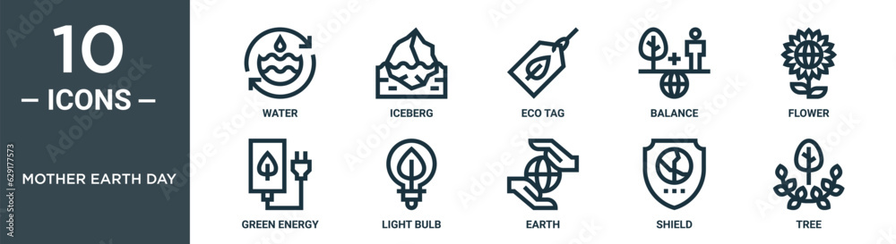 mother earth day outline icon set includes thin line water, iceberg, eco tag, balance, flower, green energy, light bulb icons for report, presentation, diagram, web design mother earth day outline icon set includes thin line water, iceberg, eco tag, balance, flower, green energy, light bulb icons for report, presentation, diagram, web design