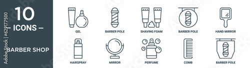 barber shop outline icon set includes thin line gel, barber pole, shaving foam, barber pole, hand mirror, hairspray, mirror icons for report, presentation, diagram, web design