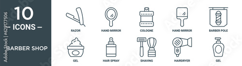 barber shop outline icon set includes thin line razor, hand mirror, cologne, hand mirror, barber pole, gel, hair spray icons for report, presentation, diagram, web design