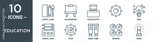 education outline icon set includes thin line pencil case, blackboard, calculator, , idea, pencil case, star icons for report, presentation, diagram, web design