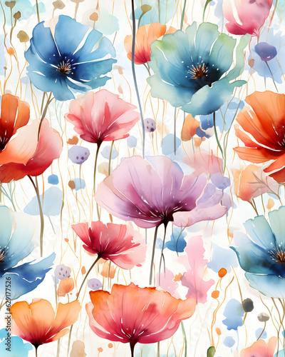 Watercolor hand drawn seamless pattern of flowers created with Generative AI technology