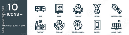 mother earth day outline icon set includes thin line bus, book, ecology, medal, watering can, factory, ecology icons for report, presentation, diagram, web design
