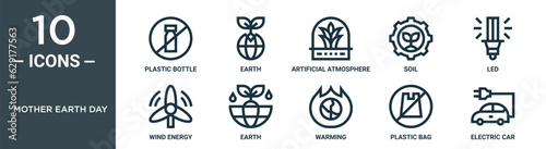 mother earth day outline icon set includes thin line plastic bottle, earth, artificial atmosphere, soil, led, wind energy, earth icons for report, presentation, diagram, web design