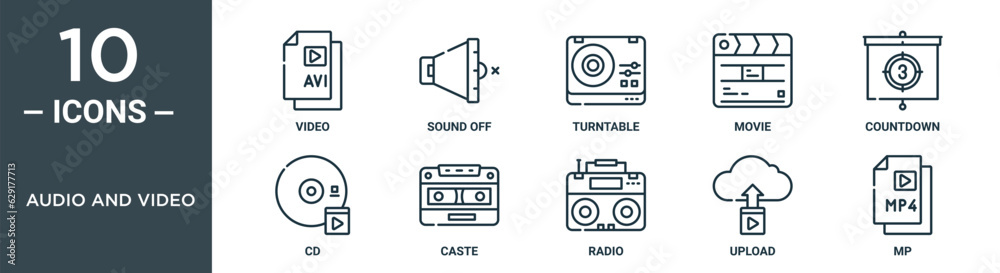 audio and video outline icon set includes thin line video, sound off, turntable, movie, countdown, cd, caste icons for report, presentation, diagram, web design audio and video outline icon set includes thin line video, sound off, turntable, movie, countdown, cd, caste icons for report, presentation, diagram, web design