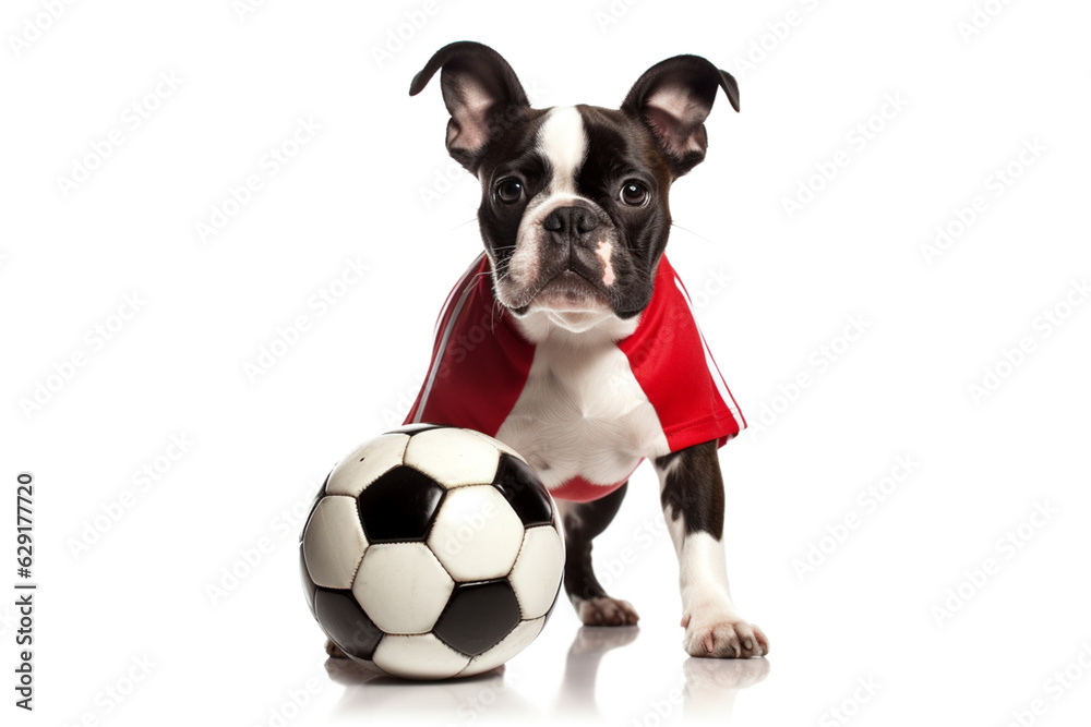funny french bulldog in the form of a football player with a soccer ball on a white background. funny french bulldog in the form of a football player with a soccer ball on a white background.