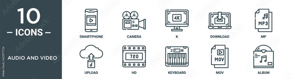 audio and video outline icon set includes thin line smartphone, camera, k, download, mp, upload, hd icons for report, presentation, diagram, web design audio and video outline icon set includes thin line smartphone, camera, k, download, mp, upload, hd icons for report, presentation, diagram, web design