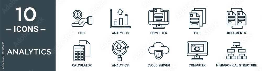 analytics outline icon set includes thin line coin, analytics, computer, file, documents, calculator, analytics icons for report, presentation, diagram, web design analytics outline icon set includes thin line coin, analytics, computer, file, documents, calculator, analytics icons for report, presentation, diagram, web design