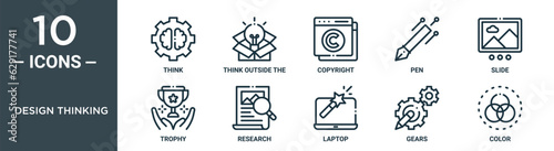 design thinking outline icon set includes thin line think, think outside the box, copyright, pen, slide, trophy, research icons for report, presentation, diagram, web design
