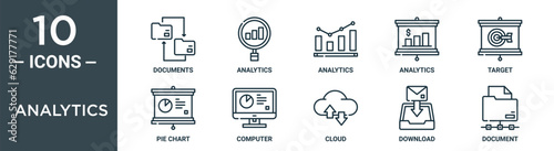 analytics outline icon set includes thin line documents, analytics, analytics, target, pie chart, computer icons for report, presentation, diagram, web design