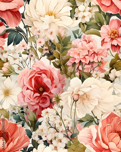 Watercolor hand drawn seamless pattern of flowers created with Generative AI technology