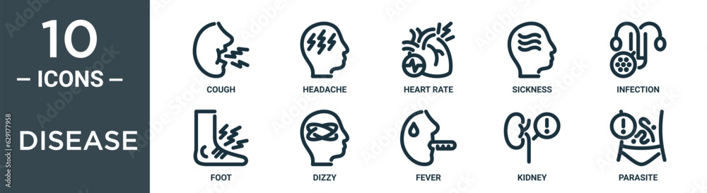disease outline icon set includes thin line cough, headache, heart rate, sickness, infection, foot, dizzy icons for report, presentation, diagram, web design disease outline icon set includes thin line cough, headache, heart rate, sickness, infection, foot, dizzy icons for report, presentation, diagram, web design