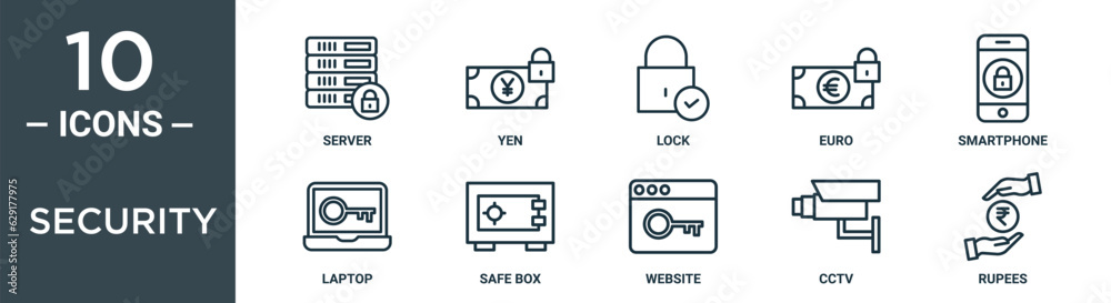Obraz premium security outline icon set includes thin line server, yen, lock, euro, smartphone, laptop, safe box icons for report, presentation, diagram, web design