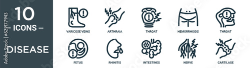 disease outline icon set includes thin line varicose veins, arthraia, throat, hemorrhoids, throat, fetus, rhinitis icons for report, presentation, diagram, web design