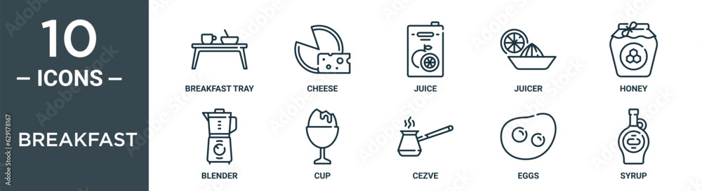 breakfast outline icon set includes thin line breakfast tray, cheese, juice, juicer, honey, blender, cup icons for report, presentation, diagram, web design