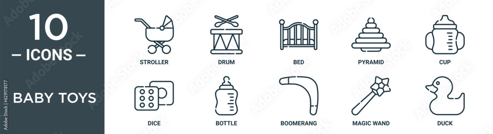 baby toys outline icon set includes thin line stroller, drum, bed, pyramid, cup, dice, bottle icons for report, presentation, diagram, web design baby toys outline icon set includes thin line stroller, drum, bed, pyramid, cup, dice, bottle icons for report, presentation, diagram, web design