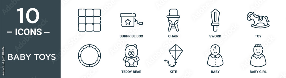 baby toys outline icon set includes thin line , surprise box, chair, sword, toy, teddy bear icons for report, presentation, diagram, web