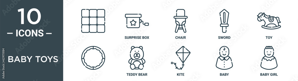 baby toys outline icon set includes thin line , surprise box, chair, sword, toy, teddy bear icons for report, presentation, diagram, web baby toys outline icon set includes thin line , surprise box, chair, sword, toy, teddy bear icons for report, presentation, diagram, web