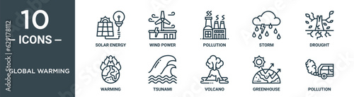 global warming outline icon set includes thin line solar energy, wind power, pollution, storm, drought, warming, tsunami icons for report, presentation, diagram, web design