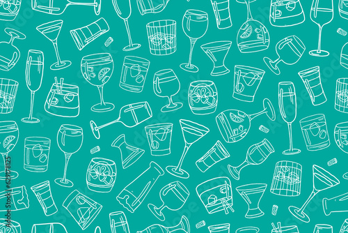 Seamless pattern with alcohol cocktail. Great for decoration interior, print posters, banner, menu design, packaging. Isolated on blue background. Doodle style