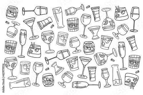 Trendy set with alcohol drinks in doodle style. Great for decoration interior, print posters, banner, menu design, packaging. isolated on white background. 
