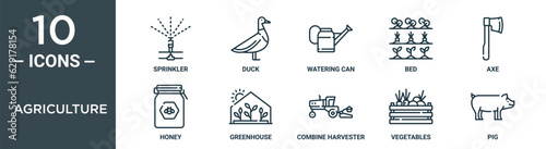 agriculture outline icon set includes thin line sprinkler, duck, watering can, bed, axe, honey, greenhouse icons for report, presentation, diagram, web design