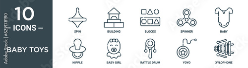 baby toys outline icon set includes thin line spin, building, blocks, spinner, baby, nipple, baby girl icons for report, presentation, diagram, web design