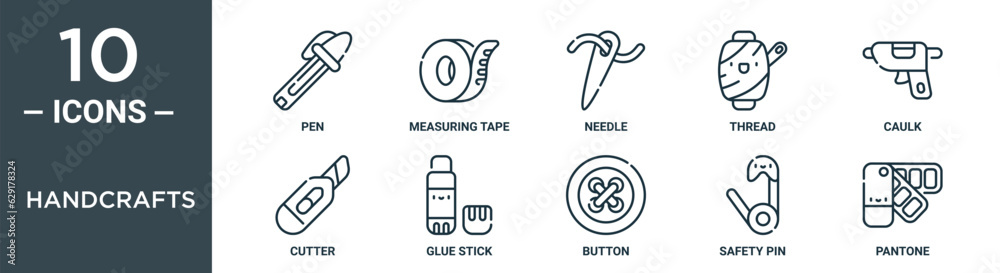 handcrafts outline icon set includes thin line pen, measuring tape, needle, thread, caulk, cutter, glue stick icons for report, presentation, diagram, web design handcrafts outline icon set includes thin line pen, measuring tape, needle, thread, caulk, cutter, glue stick icons for report, presentation, diagram, web design